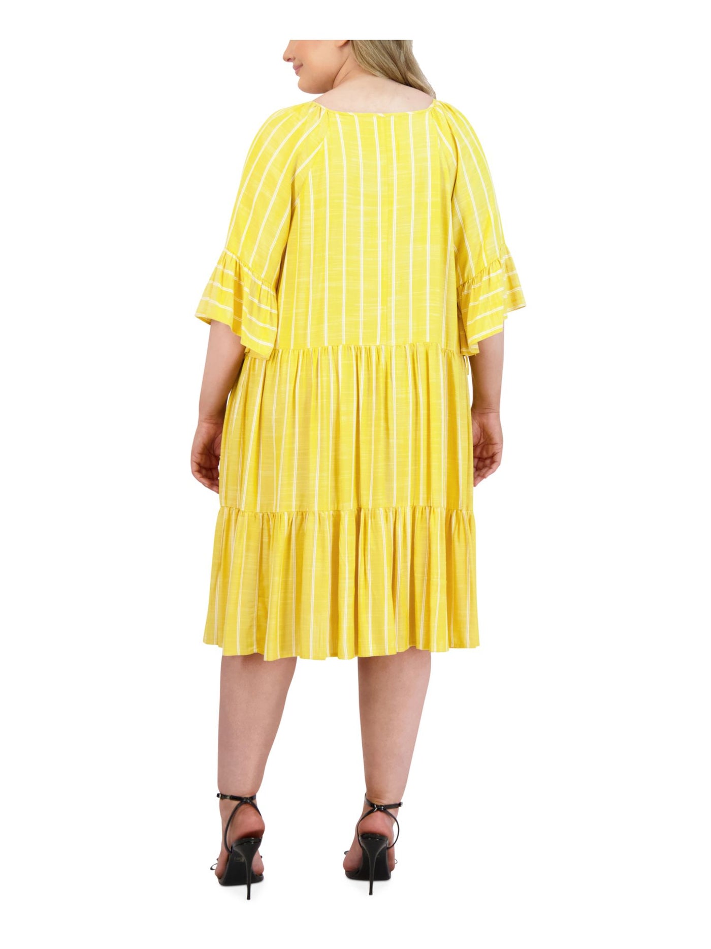 ROBBIE BEE Womens Yellow Tie Ruffled Unlined Striped 3/4 Sleeve V Neck Knee Length A-Line Dress Plus 24W