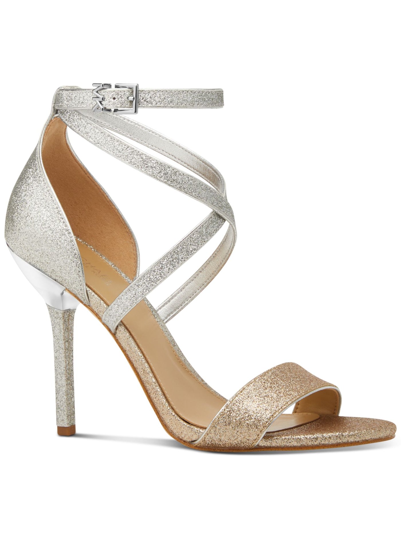 MICHAEL MICHAEL KORS Womens Silver Glitter Goring Strappy Ankle Strap Padded Astrid Round Toe Stiletto Buckle Dress Heeled Sandal 6 M