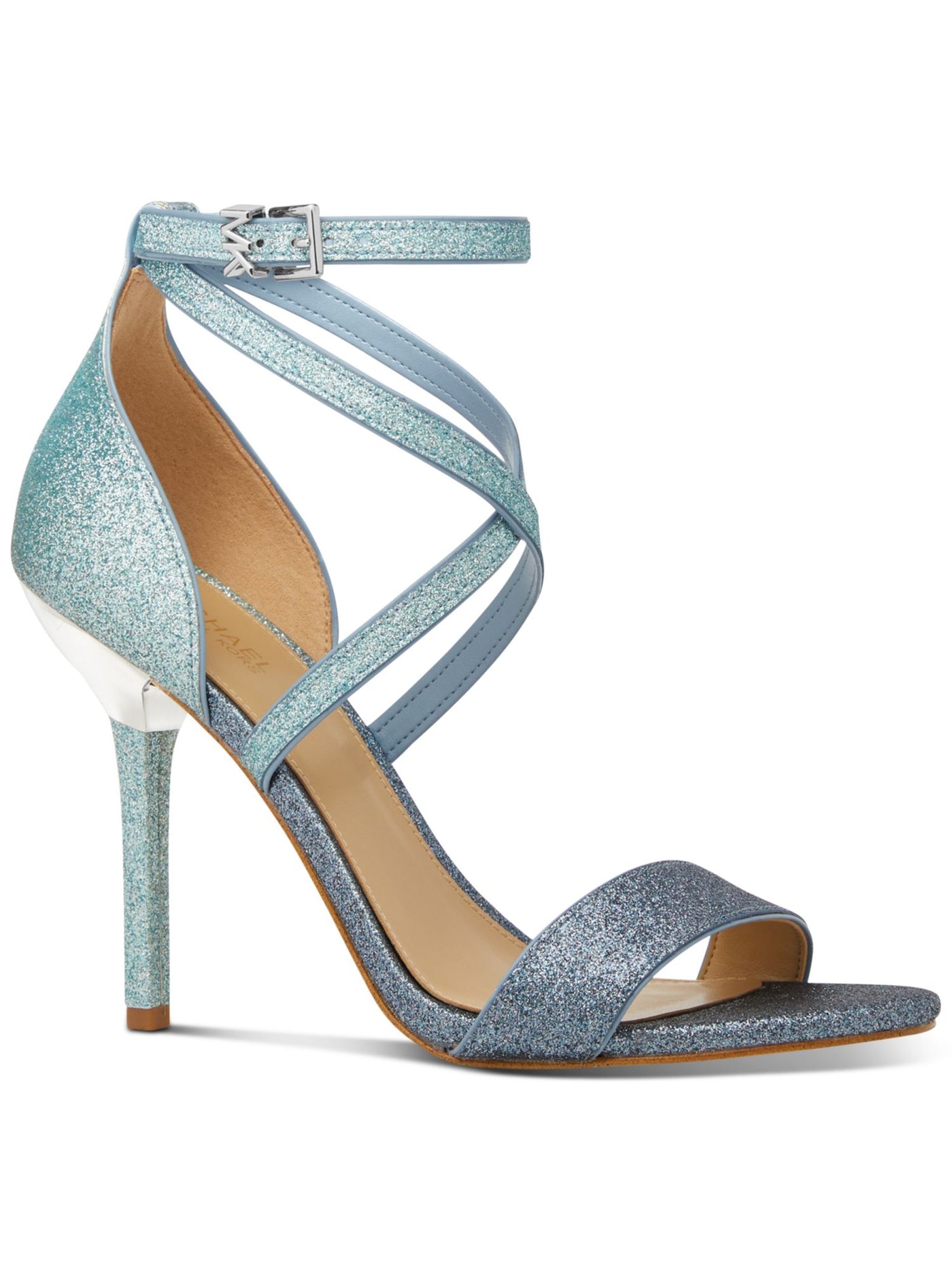 MICHAEL MICHAEL KORS Womens Blue Glitter Ankle Strap Padded Astrid Round Toe Stiletto Buckle Dress Heeled Sandal 6.5 M
