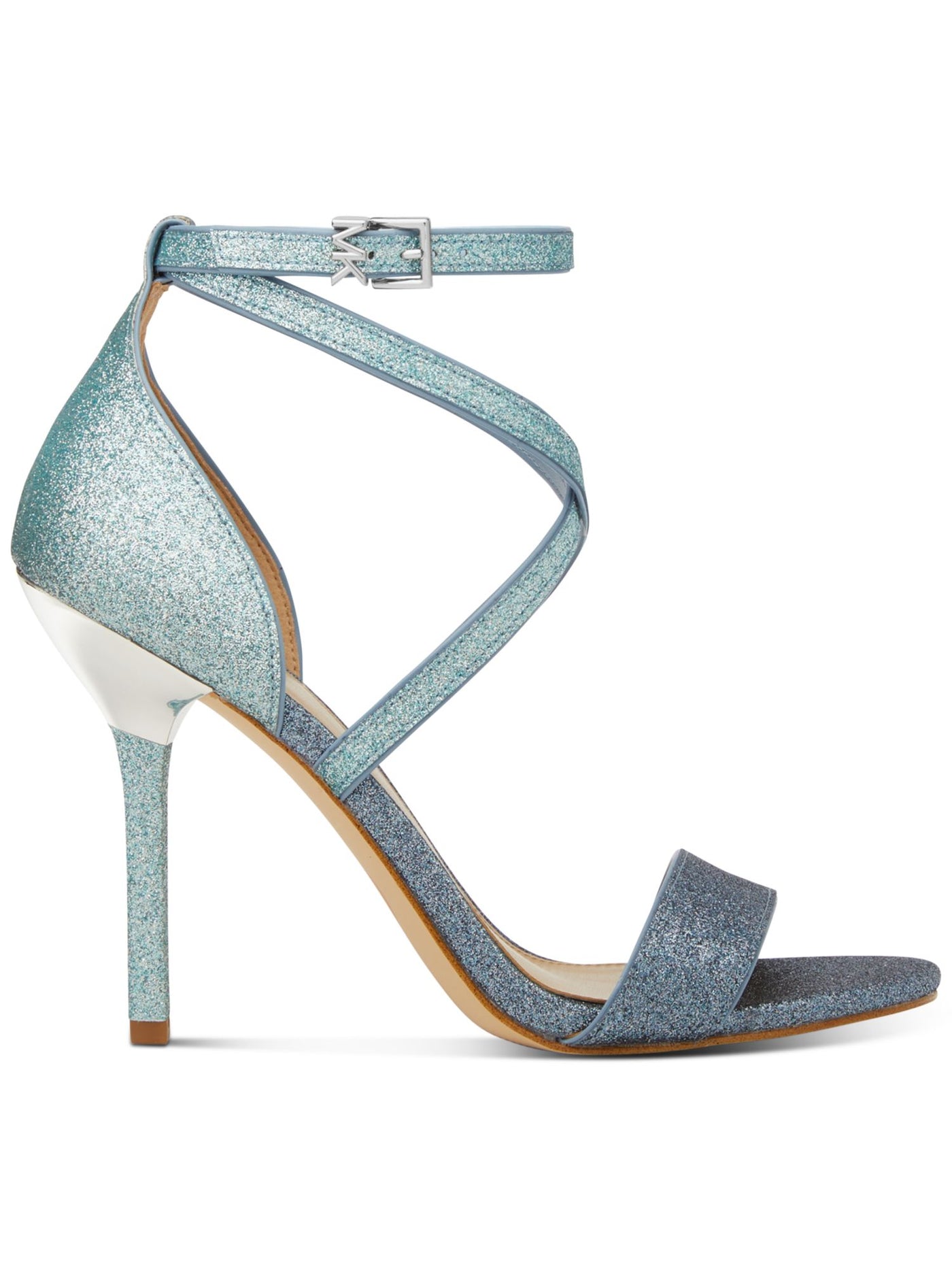 MICHAEL MICHAEL KORS Womens Blue Glitter Ankle Strap Padded Astrid Round Toe Stiletto Buckle Dress Heeled Sandal 6.5 M