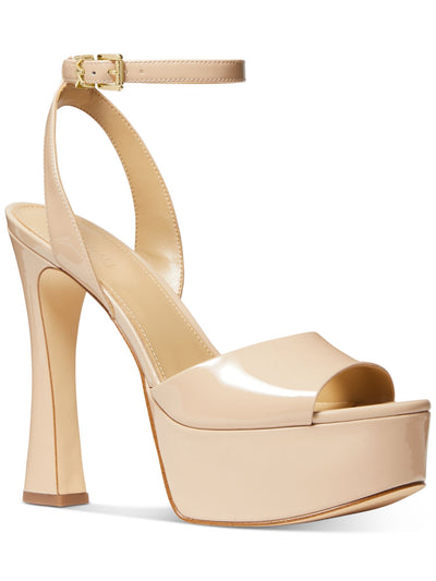 MICHAEL MICHAEL KORS Womens Beige 1-1/2" Platform Logo Hardware Ankle Strap Jenson Almond Toe Buckle Leather Heeled Sandal 8.5 M