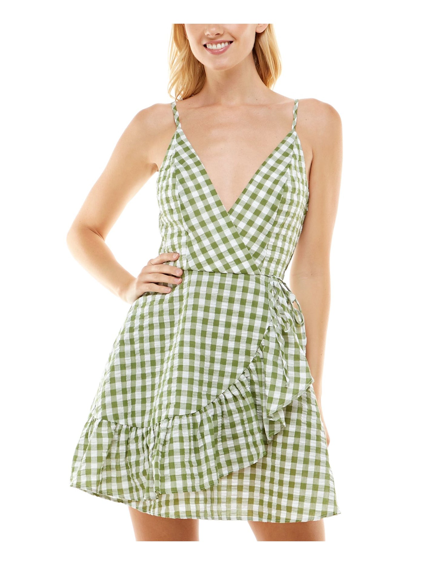 SPEECHLESS Womens Green Zippered Ruffled Side Tie Cutout Back Gingham Sleeveless Surplice Neckline Short Faux Wrap Dress M