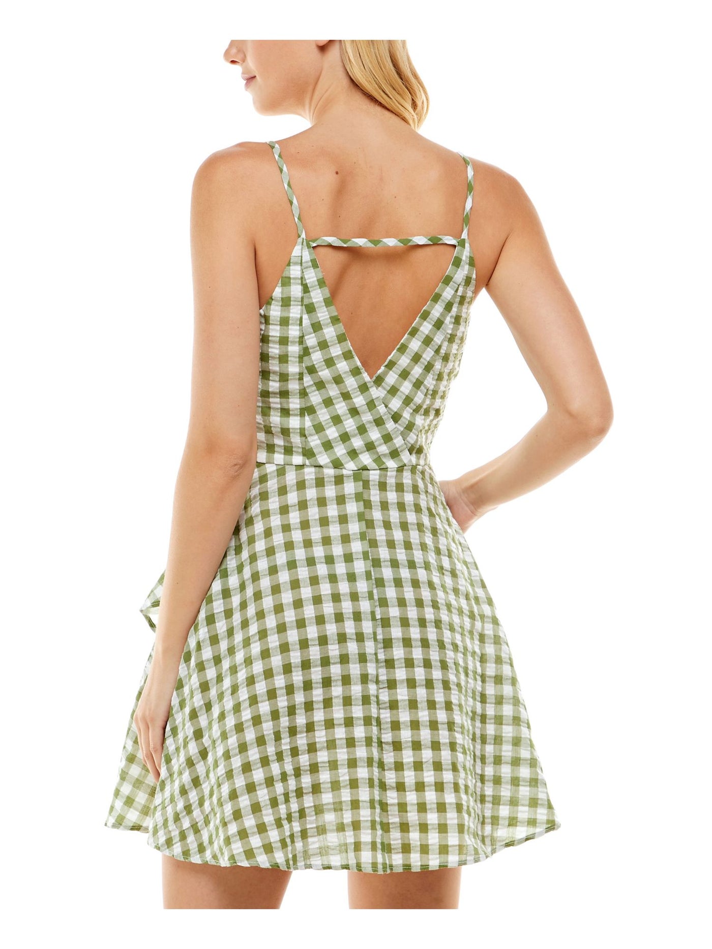 SPEECHLESS Womens Green Zippered Ruffled Side Tie Cutout Back Gingham Sleeveless Surplice Neckline Short Faux Wrap Dress M