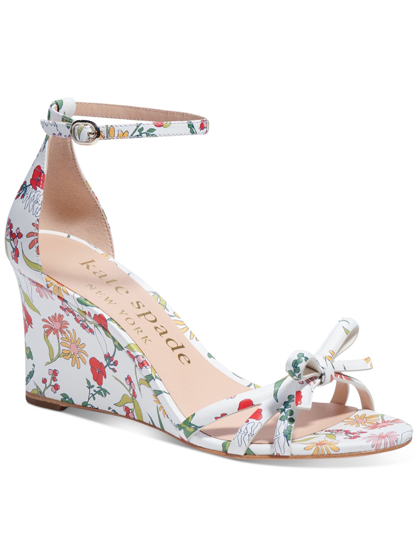 KATE SPADE NEW YORK Womens White Floral Padded Ankle Strap Bow Accent Flamenco Round Toe Wedge Buckle Leather Heeled Sandal 7.5 B