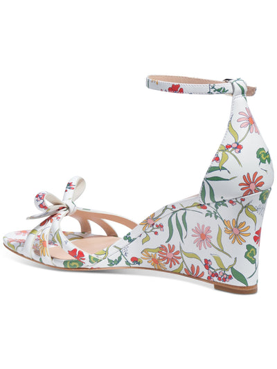 KATE SPADE NEW YORK Womens White Floral Padded Ankle Strap Bow Accent Flamenco Round Toe Wedge Buckle Leather Heeled Sandal 7.5 B