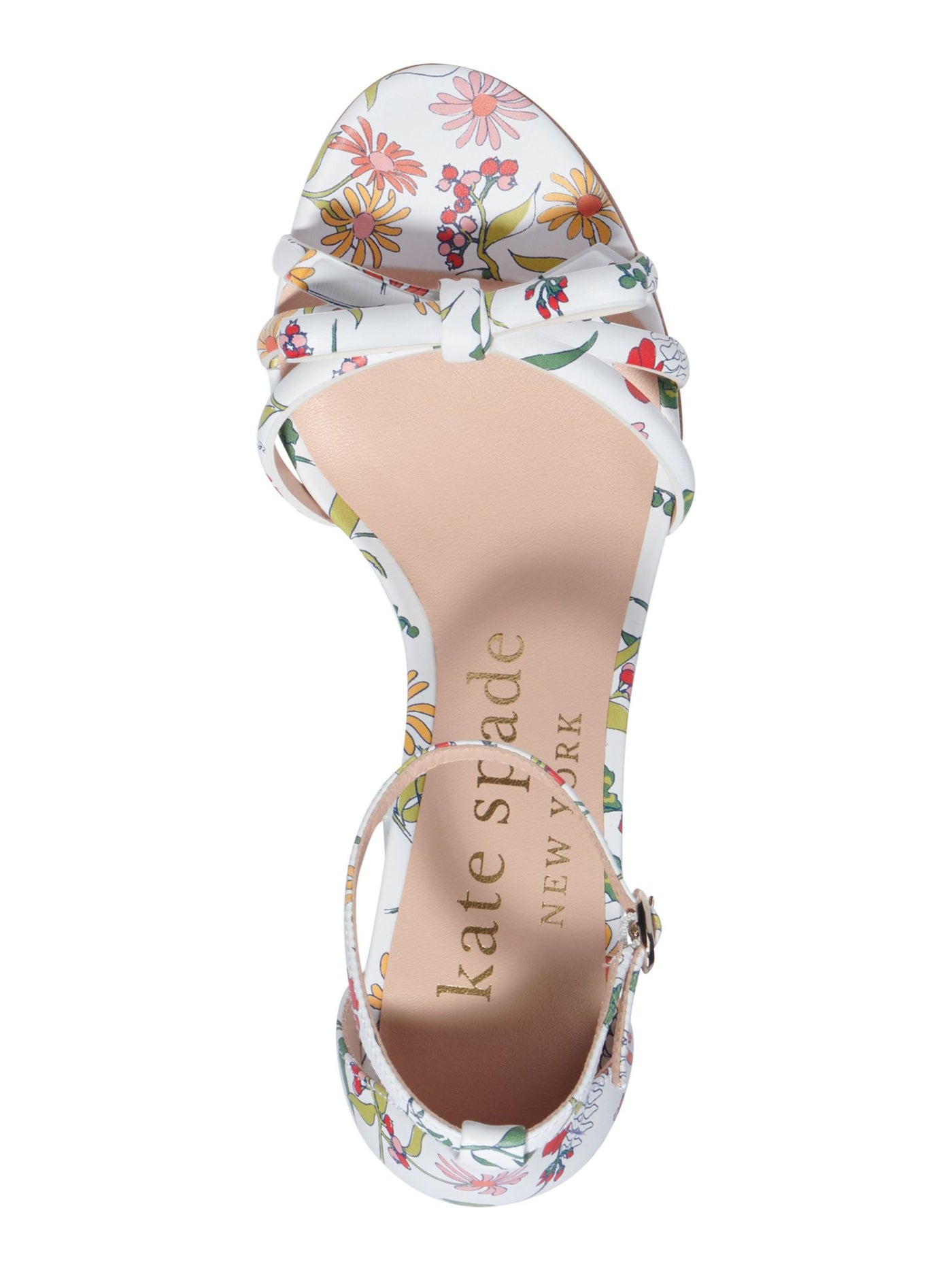 KATE SPADE NEW YORK Womens White Floral Padded Ankle Strap Bow Accent Flamenco Round Toe Wedge Buckle Leather Heeled Sandal 7.5 B