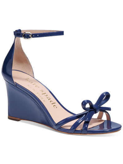 KATE SPADE NEW YORK Womens Navy Padded Bow Accent Ankle Strap Flamenco Round Toe Wedge Buckle Leather Heeled Sandal 8 B