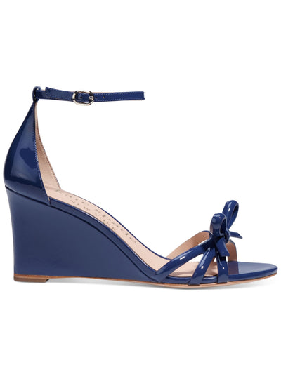 KATE SPADE NEW YORK Womens Navy Padded Bow Accent Ankle Strap Flamenco Round Toe Wedge Buckle Leather Heeled Sandal 8 B