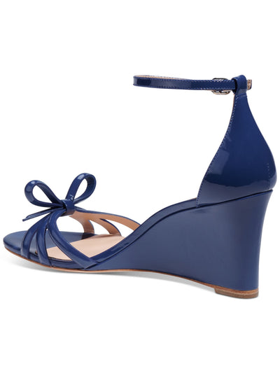 KATE SPADE NEW YORK Womens Navy Padded Bow Accent Ankle Strap Flamenco Round Toe Wedge Buckle Leather Heeled Sandal 8 B