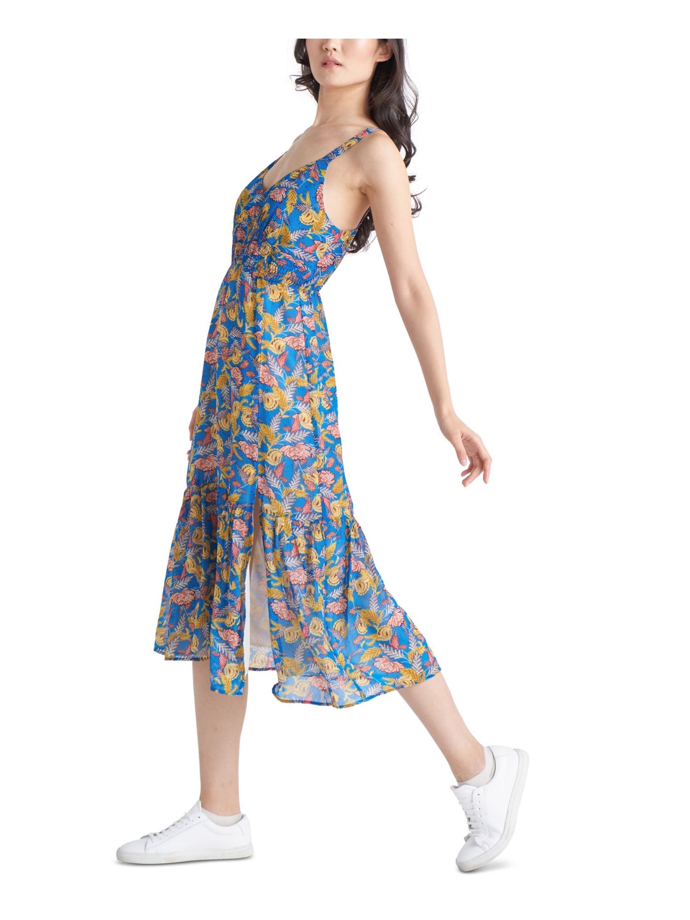 BLACK TAPE Womens Blue Smocked Slitted Tiered Skirt Lined Printed Sleeveless V Neck Midi Fit + Flare Dress M