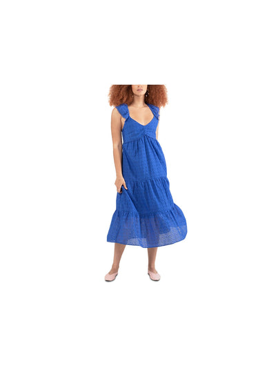 BLACK TAPE Womens Eyelet Sleeveless V Neck Midi Fit + Flare Dress