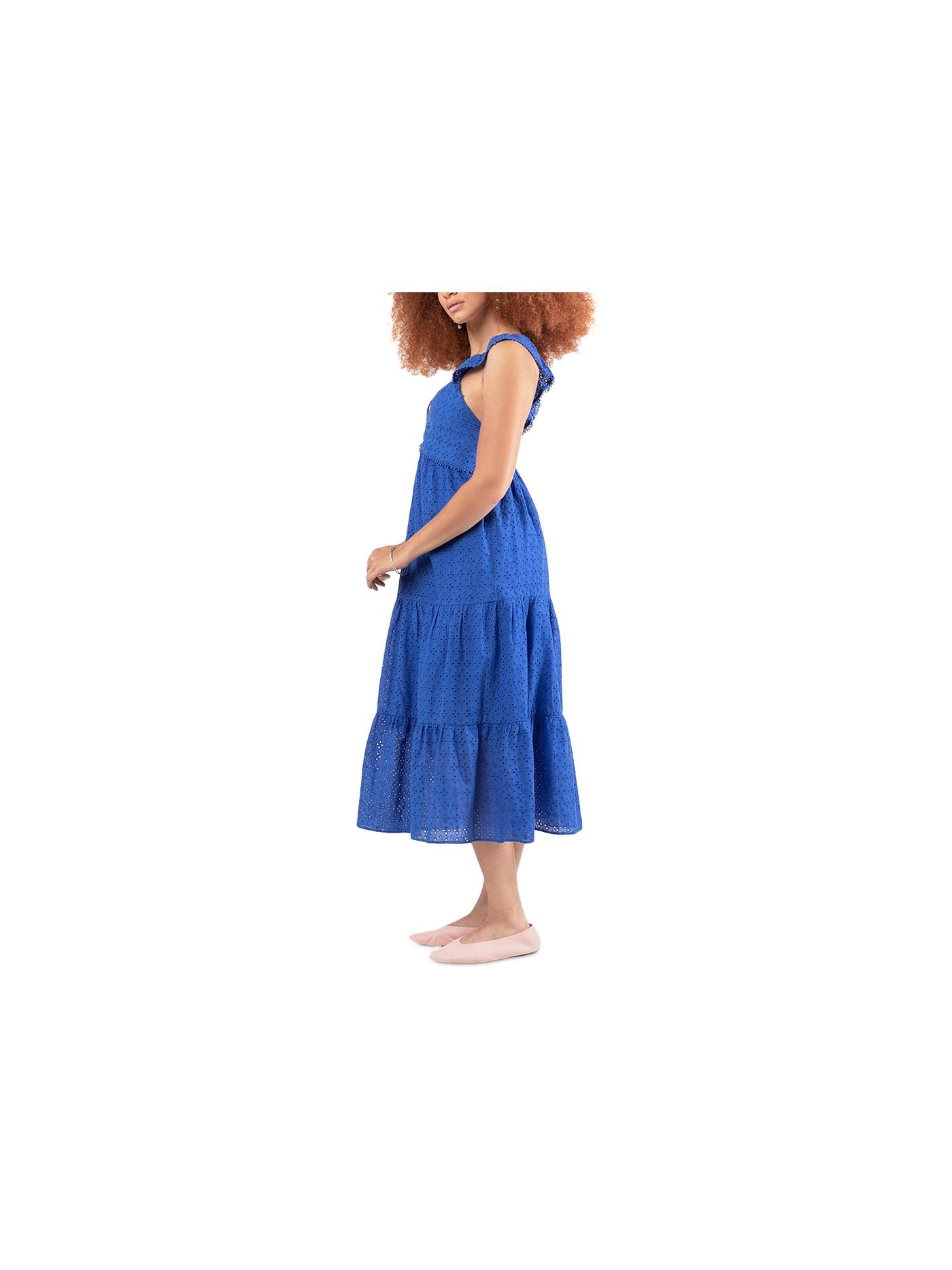 BLACK TAPE Womens Blue Eyelet Ruffled Smocked Tiered Pullover Lined Sleeveless V Neck Midi Fit + Flare Dress L