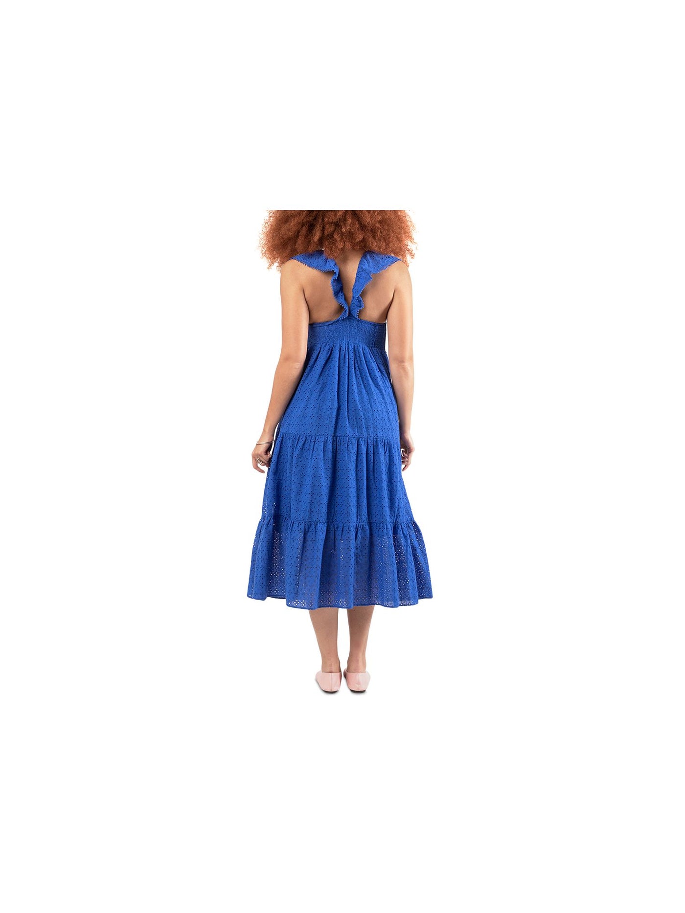 BLACK TAPE Womens Blue Eyelet Smocked Pullover Tiered Skirt Lined Sleeveless Sweetheart Neckline Midi Fit + Flare Dress M