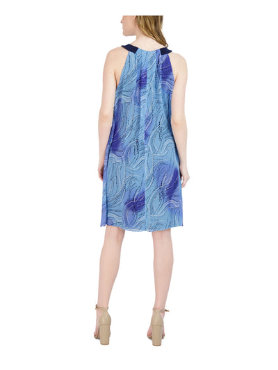 SIGNATURE BY ROBBIE BEE Womens Blue Pleated Sheer Round Halter Neck Pullover Lined Printed Sleeveless Above The Knee Party Shift Dress L