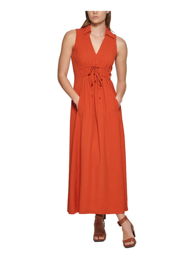 CALVIN KLEIN Womens Orange Textured Drawstring Fold Collar Pocketed Sleeveless V Neck Maxi Party A-Line Dress 4