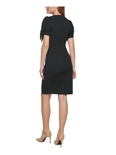 CALVIN KLEIN Womens Black Zippered Tie Cuffs Short Sleeve Crew Neck Above The Knee Wear To Work Sheath Dress 6