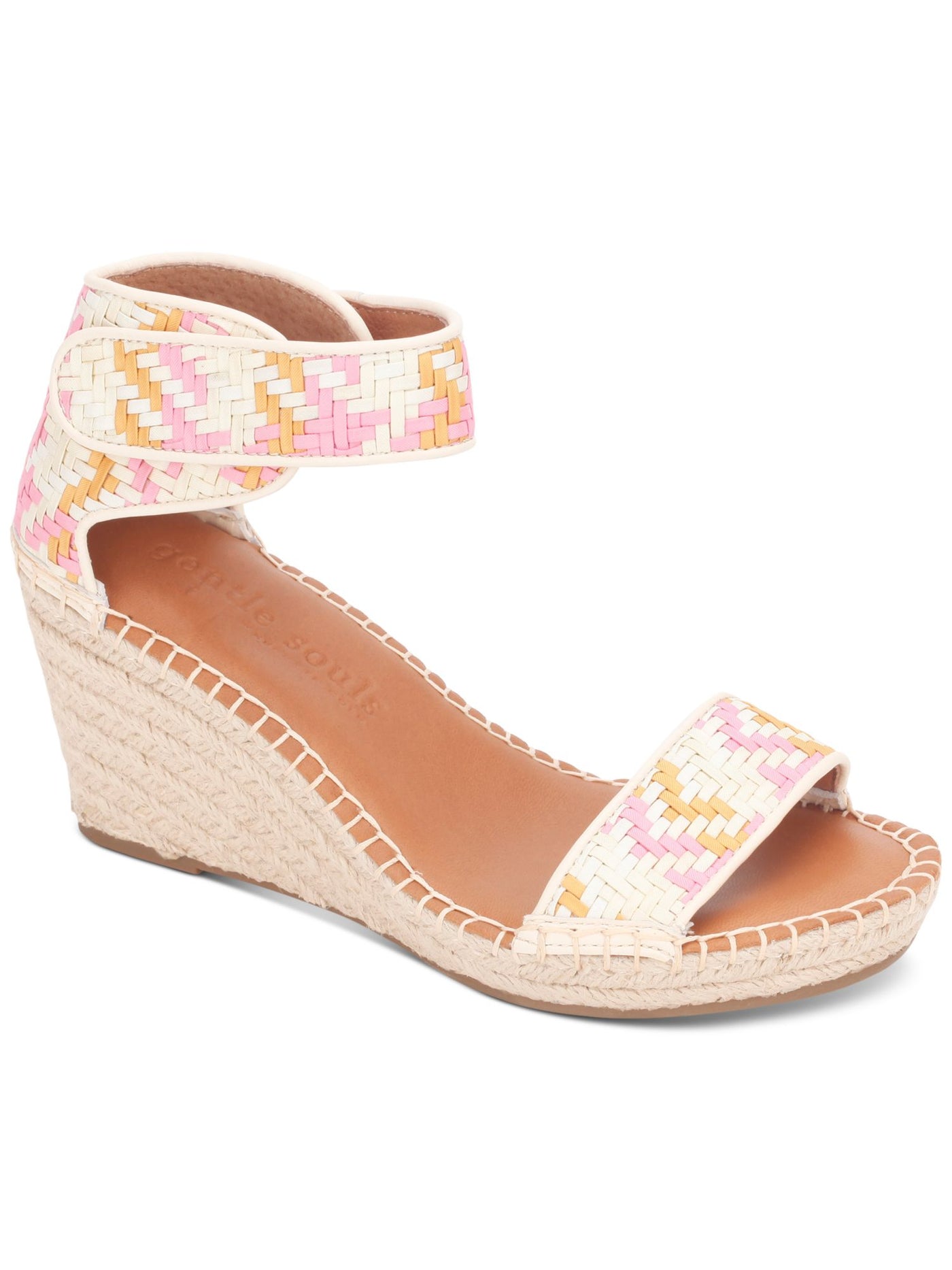 GENTLE SOULS KENNETH COLE Womens Pink Mixed Media Woven Goring Padded Ankle Strap Charli Open Toe Wedge Espadrille Shoes 6