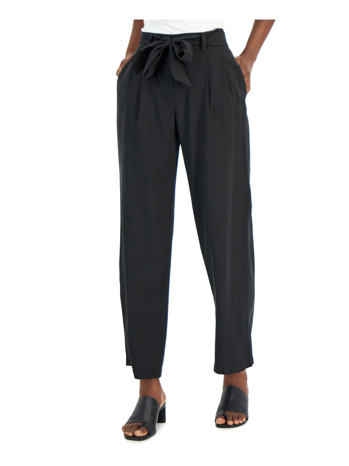 ALFANI Womens Black Pleated Zippered Pocketed Tie-belt Wide Leg Pants 14