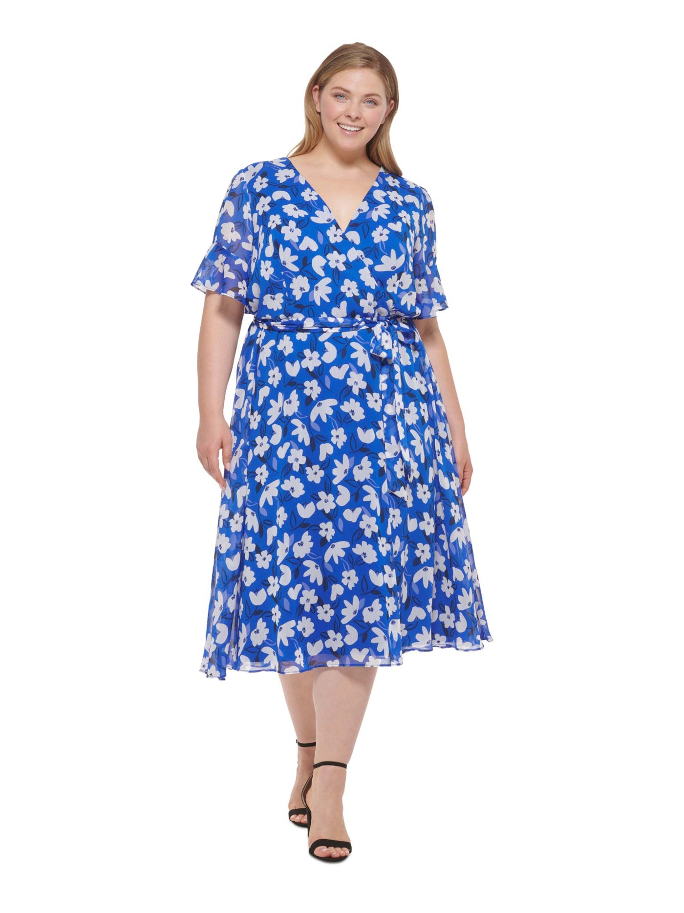 DKNY Womens Blue Zippered Sheer Ruffled Cuffs Tie Belt Lined Floral Short Sleeve Surplice Neckline Midi Wear To Work Faux Wrap Dress Plus 22W