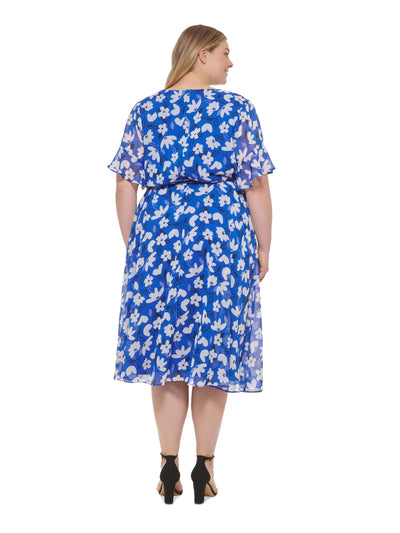 DKNY Womens Blue Zippered Sheer Ruffled Cuffs Tie Belt Lined Floral Short Sleeve Surplice Neckline Midi Wear To Work Faux Wrap Dress Plus 22W