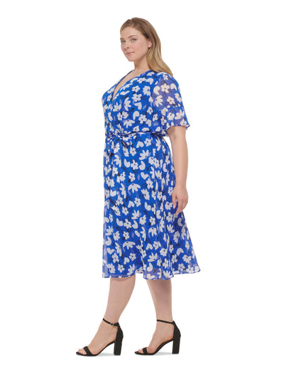 DKNY Womens Blue Zippered Sheer Ruffled Cuffs Tie Belt Lined Floral Short Sleeve Surplice Neckline Midi Wear To Work Faux Wrap Dress Plus 22W