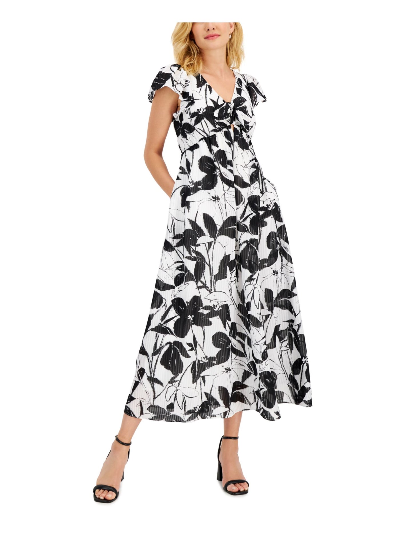 TAYLOR PETITE Womens Ivory Smocked Cut Out Bow Detail Lined Sheer Pullover Floral V Neck Maxi Empire Waist Dress Petites 2P