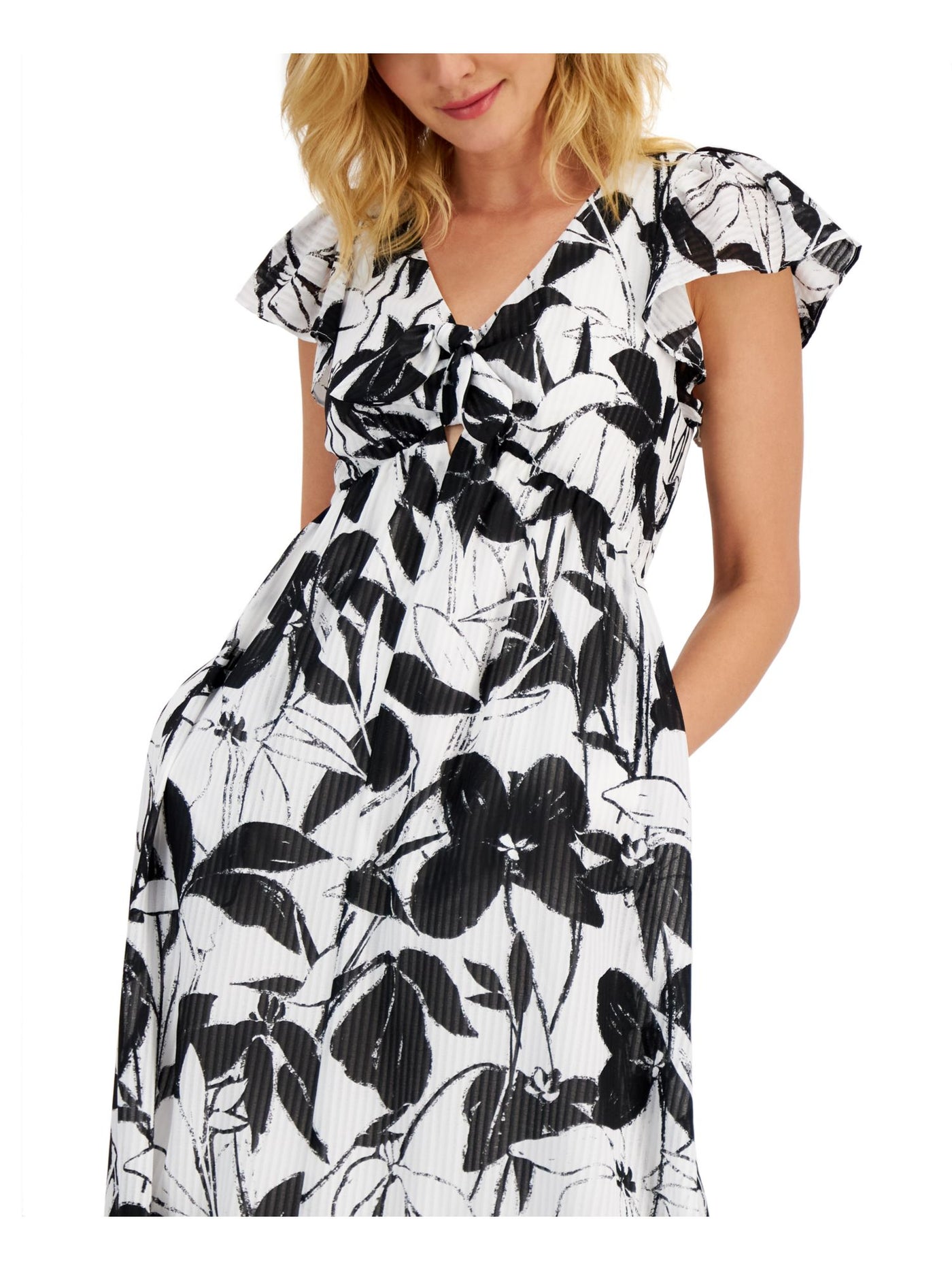 TAYLOR PETITE Womens Ivory Smocked Cut Out Bow Detail Lined Sheer Pullover Floral V Neck Maxi Empire Waist Dress Petites 2P