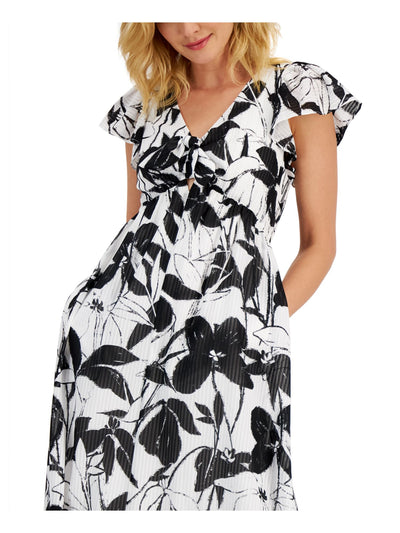 TAYLOR PETITE Womens Ivory Smocked Cut Out Bow Detail Lined Sheer Pullover Floral V Neck Maxi Empire Waist Dress Petites 2P
