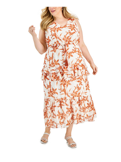 TAYLOR Womens Ivory Sheer Ruffled Pullover Drawstring Waist Lined Sleeveless V Neck Maxi Shift Dress Plus 22W
