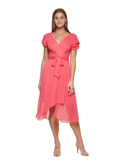 DKNY Womens Pink Zippered Lined Tiered Short Sleeves Tie-belt Surplice Neckline Below The Knee Wear To Work Faux Wrap Dress 2