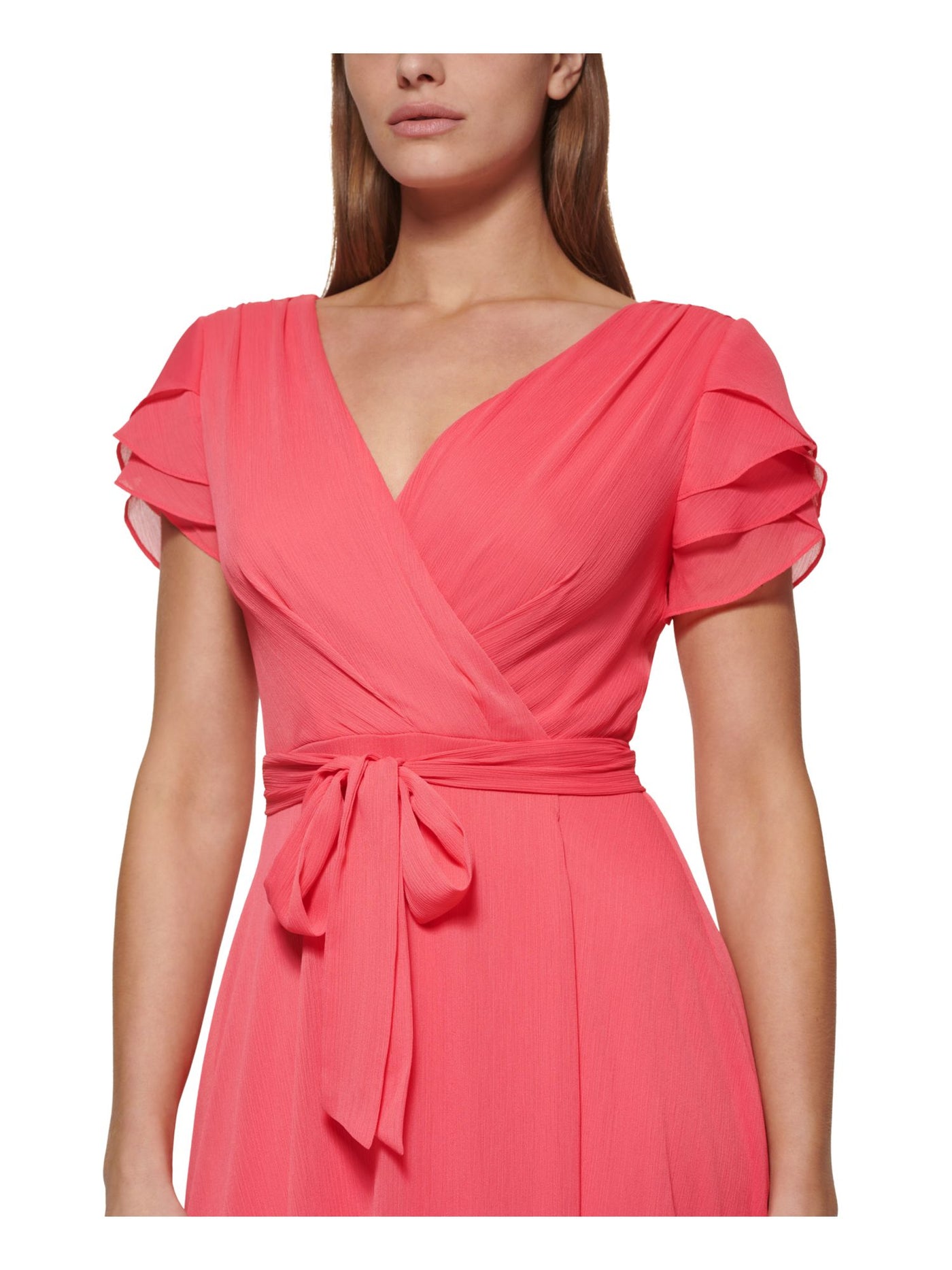 DKNY Womens Pink Zippered Lined Tiered Short Sleeves Tie-belt Surplice Neckline Below The Knee Wear To Work Faux Wrap Dress 2