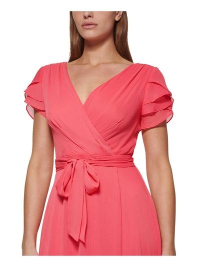 DKNY Womens Pink Zippered Lined Tiered Short Sleeves Tie-belt Surplice Neckline Below The Knee Wear To Work Faux Wrap Dress 2