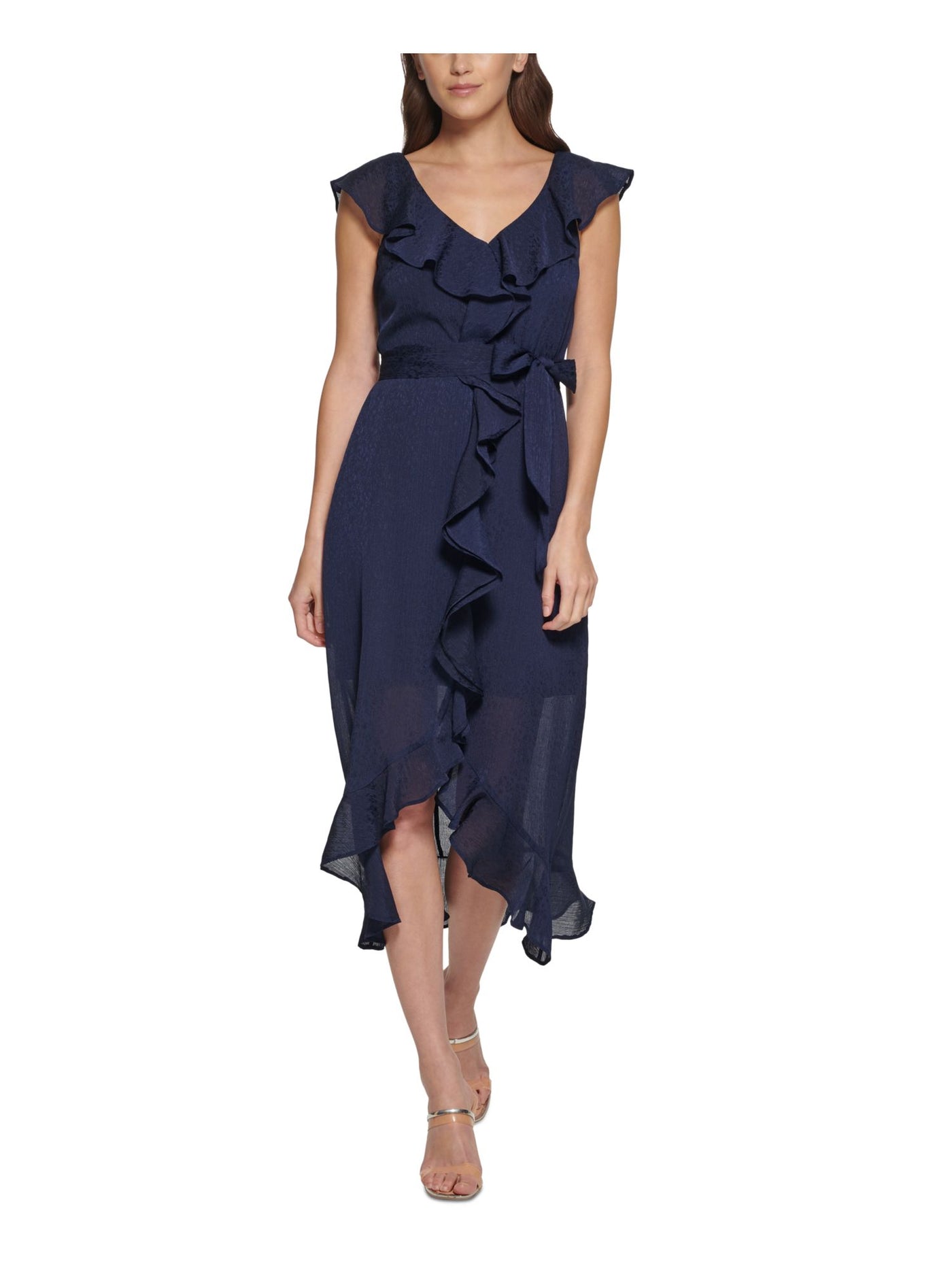 DKNY Womens Navy Ruffled Textured Zippered Self Tie Sash Lined Flutter Sleeve V Neck Midi Party Hi-Lo Dress 16