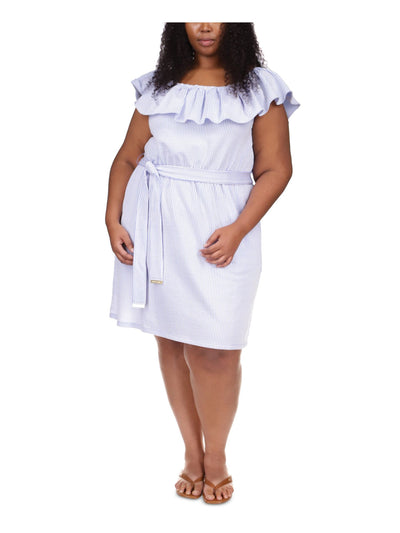 MICHAEL MICHAEL KORS Womens Blue Pocketed Textured Tie Waist Unlined Ruffled Striped Short Sleeve Off Shoulder Above The Knee Sheath Dress Plus 0X