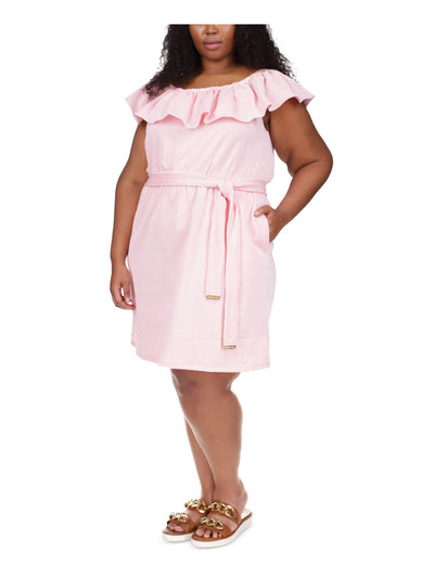 MICHAEL MICHAEL KORS Womens Coral Pocketed Textured Tie Waist Unlined Ruffled Striped Short Sleeve Off Shoulder Above The Knee Sheath Dress Plus 1X