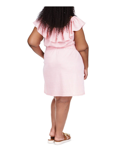 MICHAEL MICHAEL KORS Womens Coral Pocketed Textured Tie Waist Unlined Ruffled Striped Short Sleeve Off Shoulder Above The Knee Sheath Dress Plus 1X