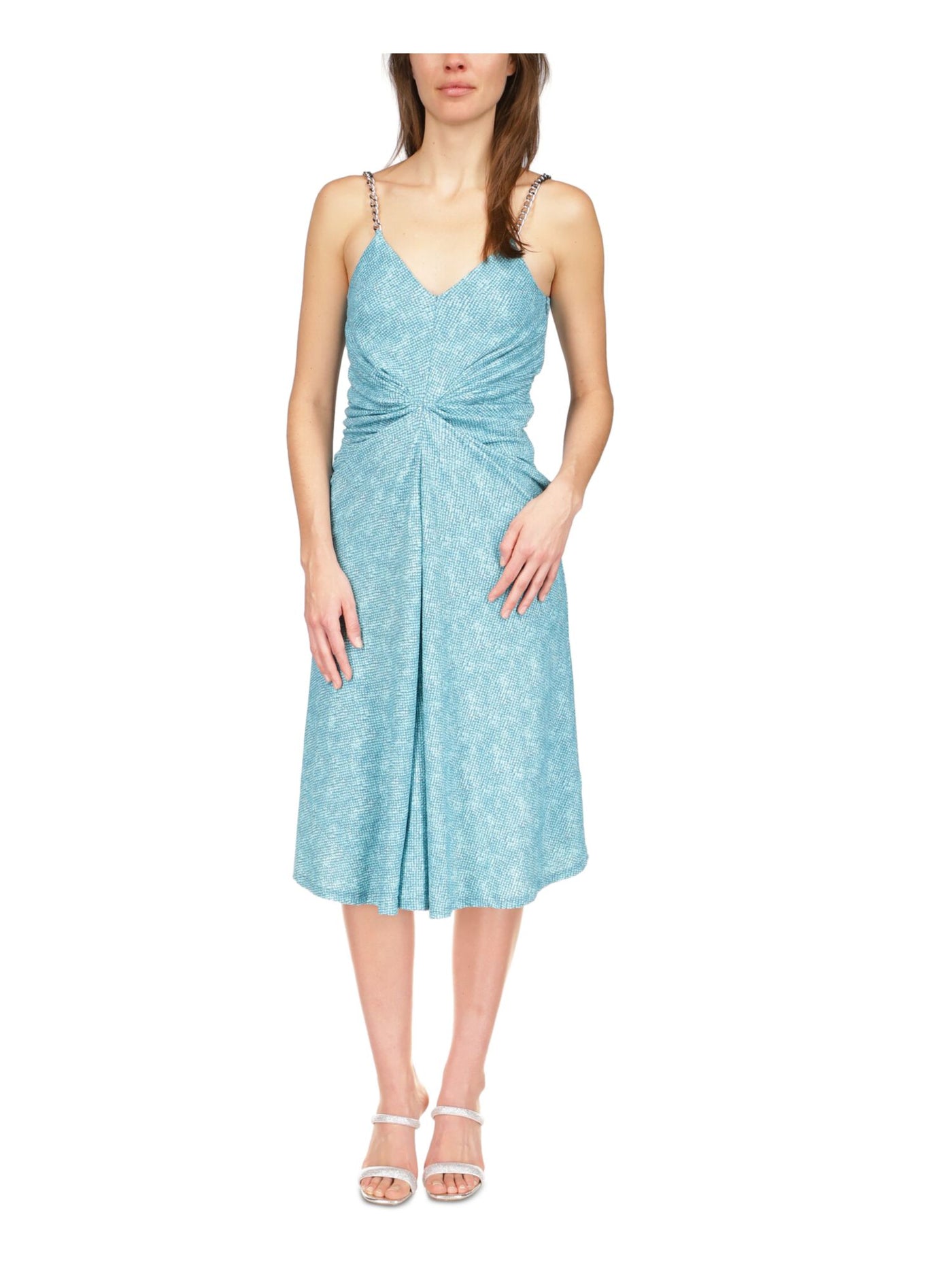 MICHAEL MICHAEL KORS Womens Turquoise Zippered Twist Front Chain Textured Adjustable Spaghetti Strap V Neck Below The Knee Fit + Flare Dress XS