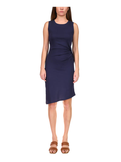 MICHAEL MICHAEL KORS Womens Navy Ruched Slitted Asymmetrical Hem Pullover Sleeveless Crew Neck Knee Length Sheath Dress Petites P\S