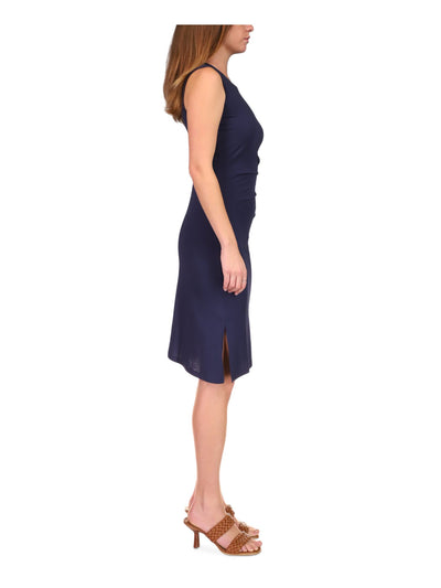 MICHAEL MICHAEL KORS Womens Navy Ruched Slitted Asymmetrical Hem Pullover Sleeveless Crew Neck Knee Length Sheath Dress Petites P\S