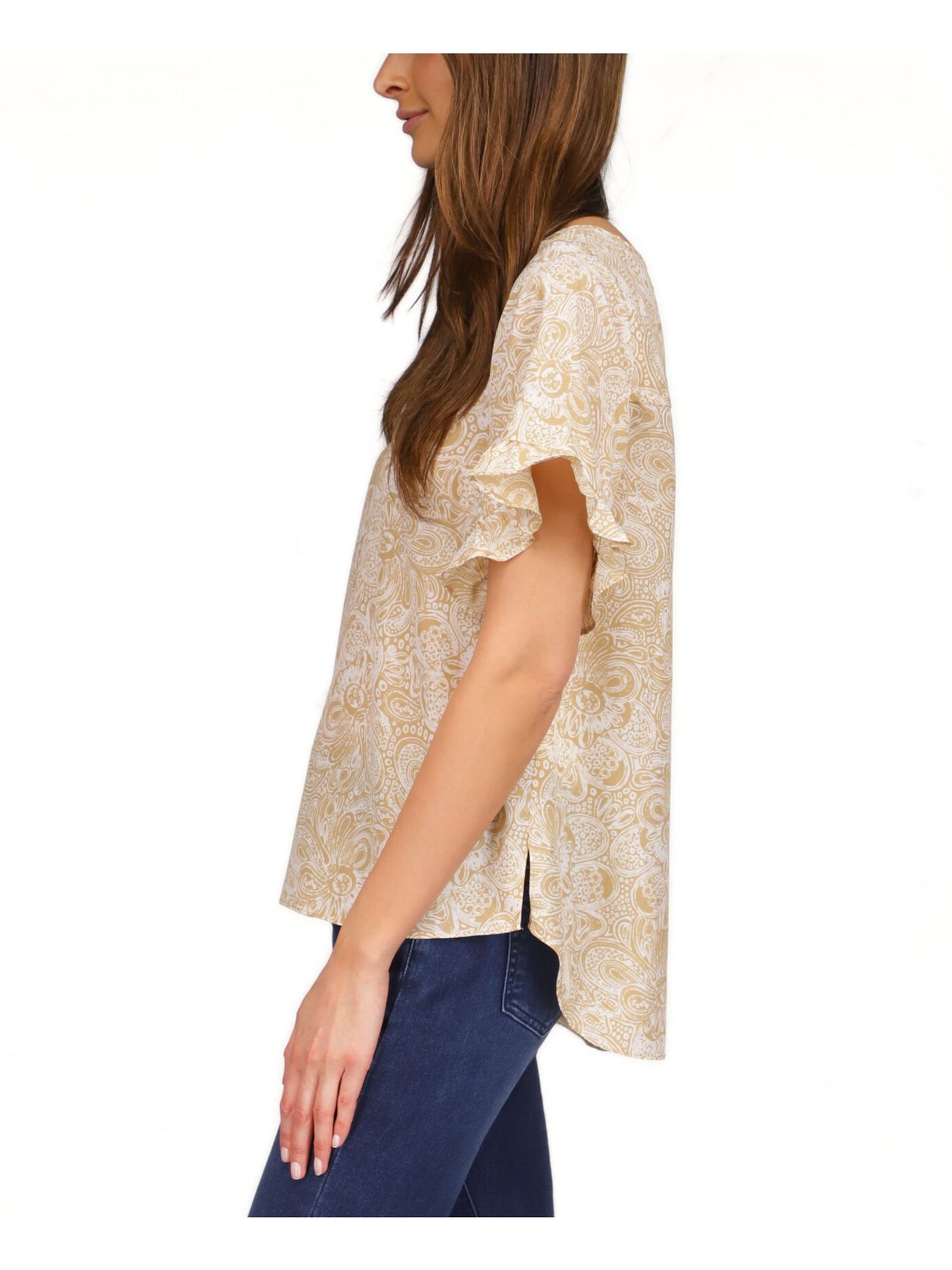 MICHAEL MICHAEL KORS Womens Beige Ruffled Slit Round Back Hem Paisley Short Sleeve V Neck Top XS