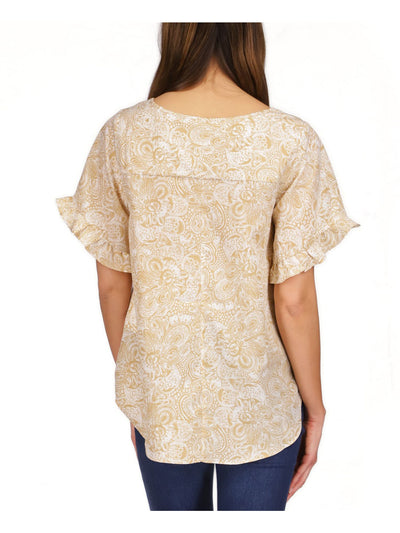 MICHAEL MICHAEL KORS Womens Beige Ruffled Slit Round Back Hem Paisley Short Sleeve V Neck Top M