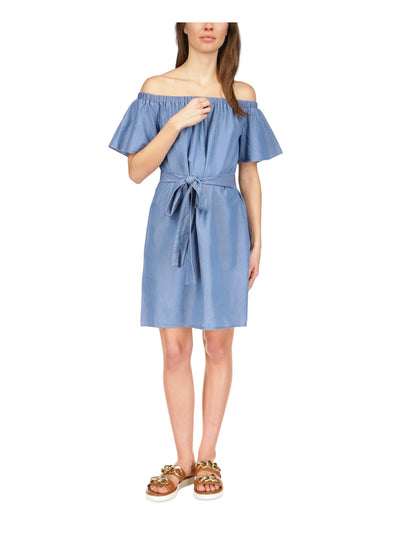 MICHAEL MICHAEL KORS Womens Blue Flutter Sleeve Off Shoulder Above The Knee Shift Dress XS