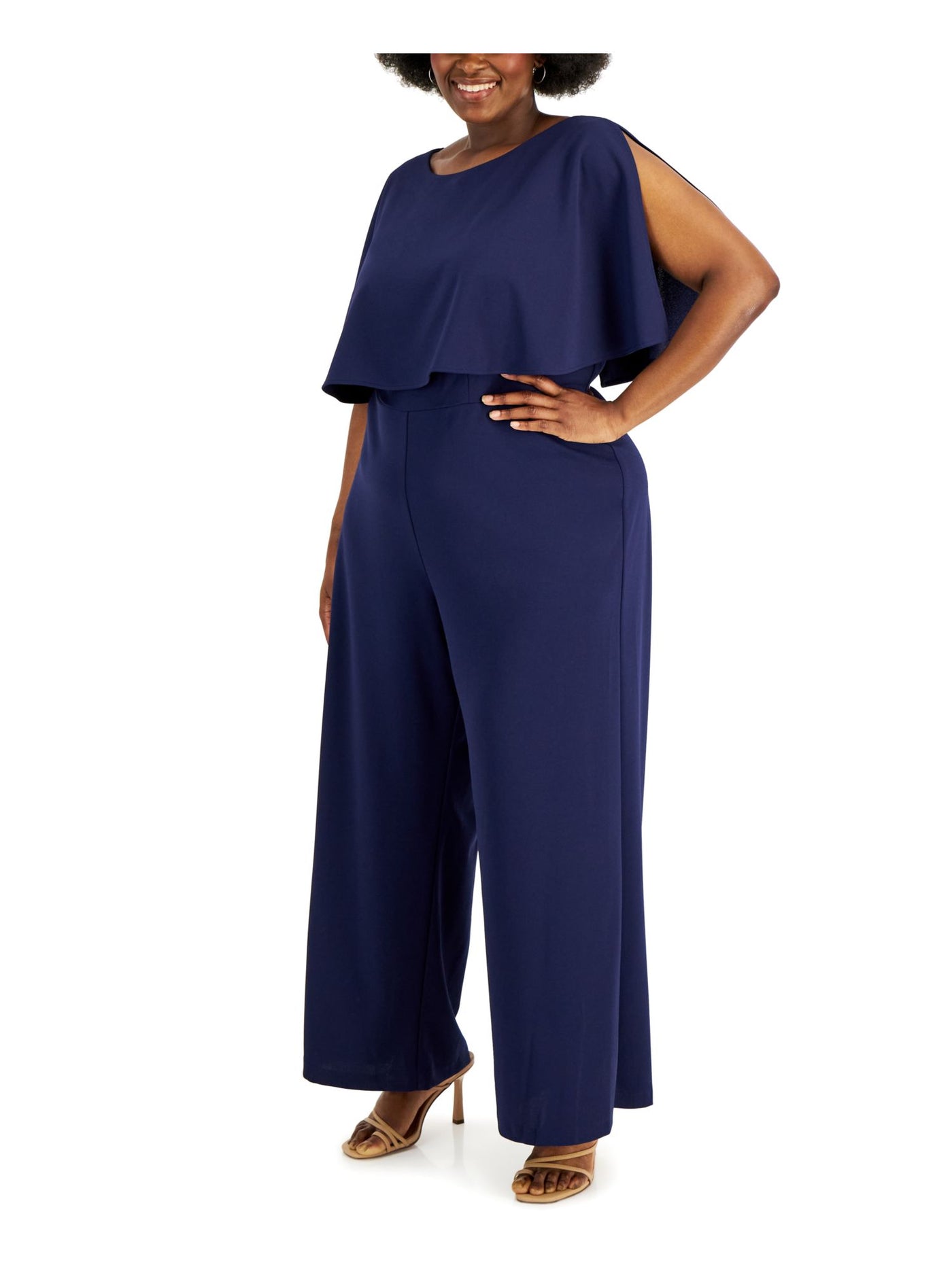 CONNECTED APPAREL Womens Navy Zippered Popover Split Sleeve Round Neck Wide Leg Jumpsuit Plus 24W