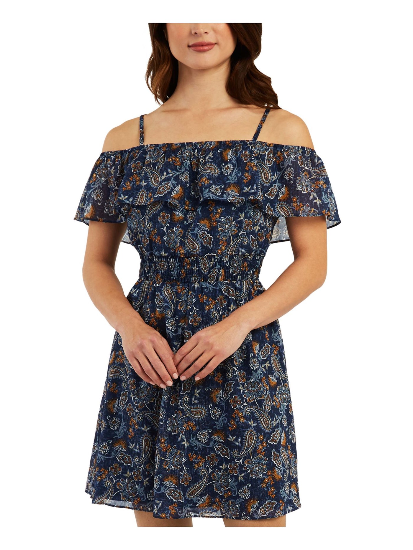 BCX DRESS Womens Navy Smocked Adjustable Sheer Lined Paisley Spaghetti Strap Off Shoulder Above The Knee Fit + Flare Dress XXS