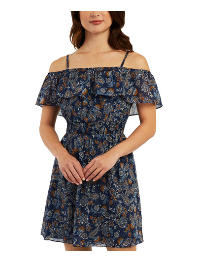 BCX DRESS Womens Navy Smocked Adjustable Sheer Lined Paisley Spaghetti Strap Off Shoulder Above The Knee Fit + Flare Dress XXS