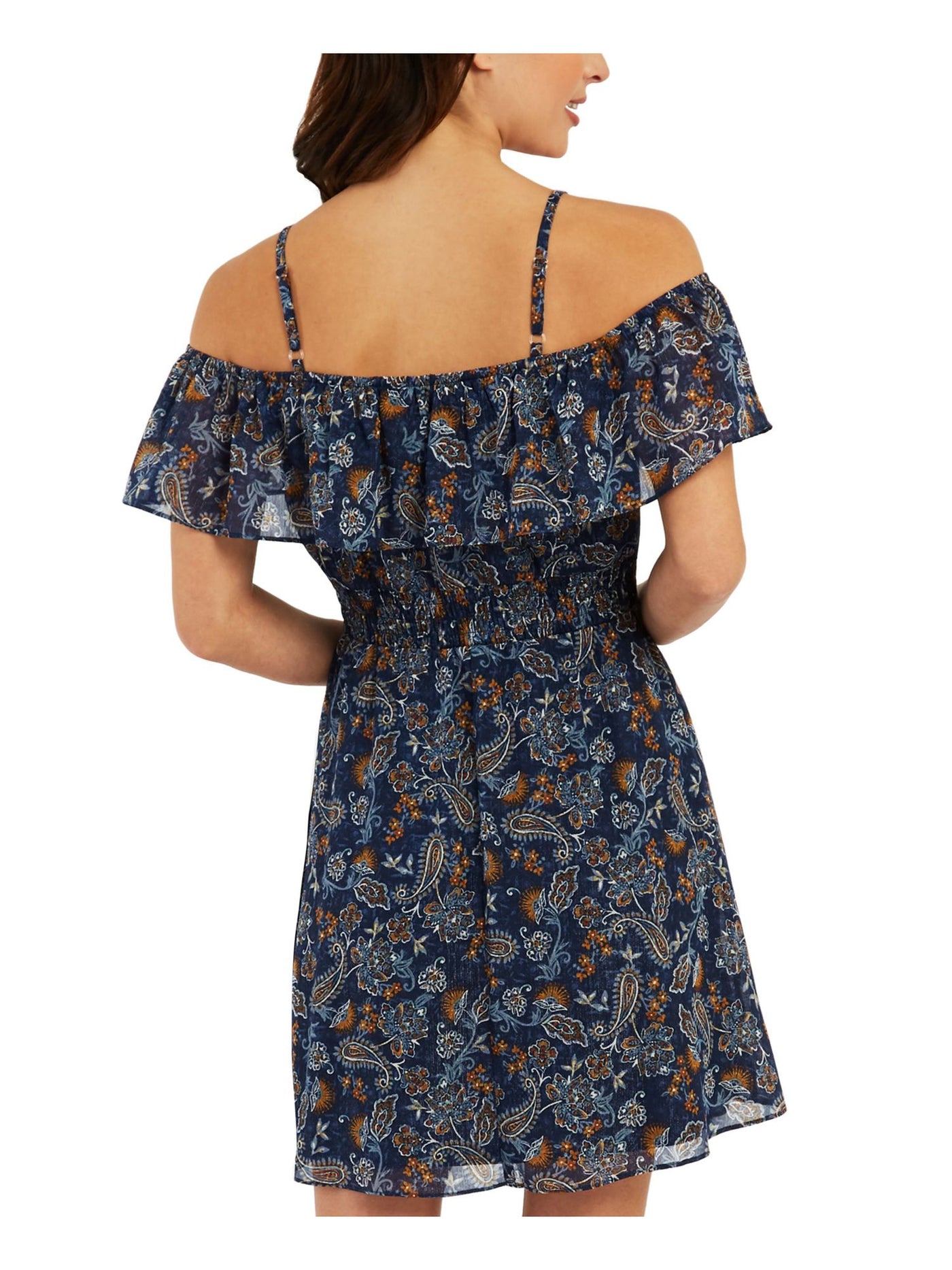 BCX DRESS Womens Navy Smocked Adjustable Sheer Lined Paisley Spaghetti Strap Off Shoulder Above The Knee Fit + Flare Dress XXS