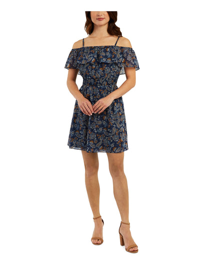BCX DRESS Womens Navy Smocked Adjustable Sheer Lined Paisley Spaghetti Strap Off Shoulder Above The Knee Fit + Flare Dress XXS
