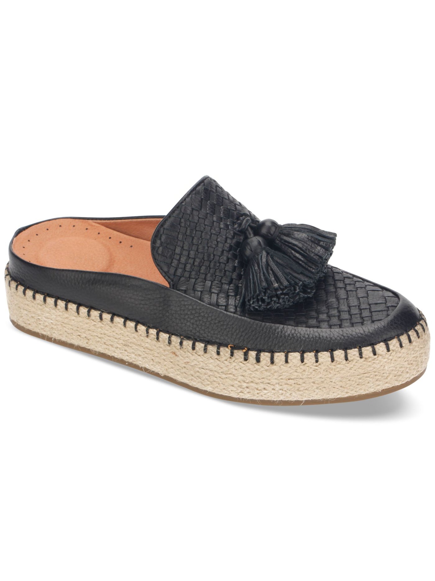 GENTLE SOULS KENNETH COLE Womens Black Cushioned Espadrille Heel Woven Tasseled Rory Round Toe Platform Slip On Leather Clogs Shoes 5