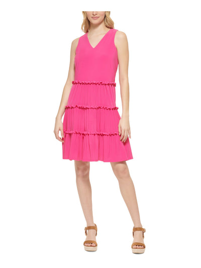 TOMMY HILFIGER Womens Pink Ruffled Tiered Lined Pullover Sleeveless V Neck Above The Knee Shift Dress 12