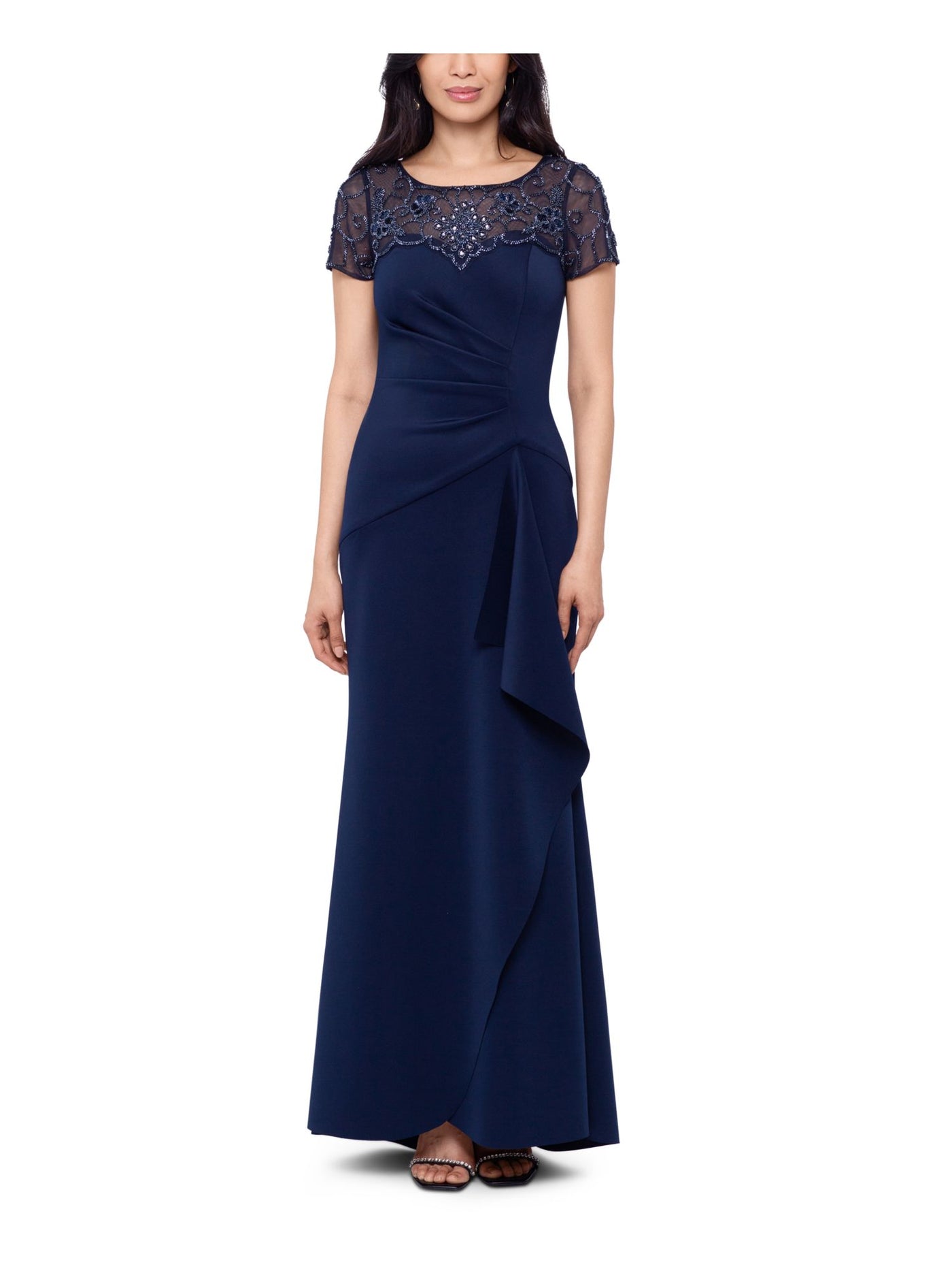 XSCAPE Womens Navy Embellished Pleated Zippered Wrap Skirt Lined Short Sleeve Boat Neck Full-Length Evening Gown Dress 6